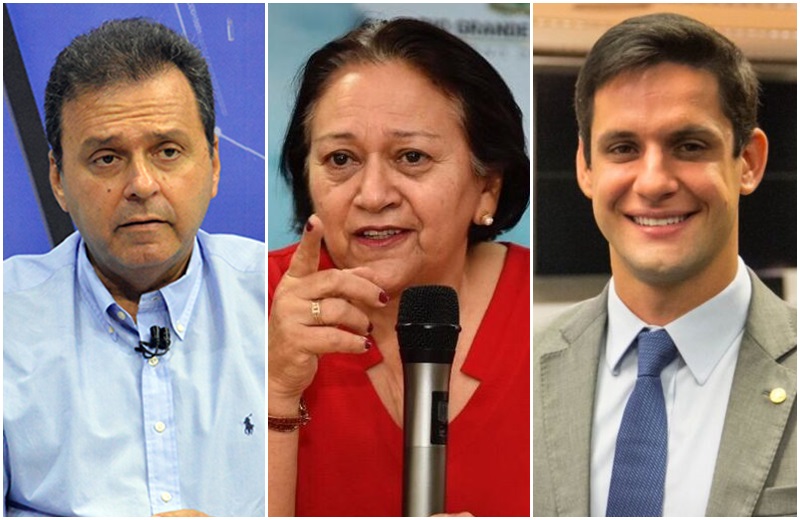Governadora e candidata à reeleição Fátima Bezerra (PT) e os candidatos ao Senado Carlos Eduardo Alves (PDT) e Rafael Motta (PSB) - Foto: Reprodução