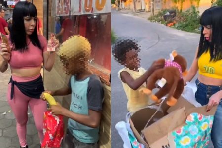 nfluencers entregaram banana e macaco de pelúcia para crianças negras - Foto: Reprodução