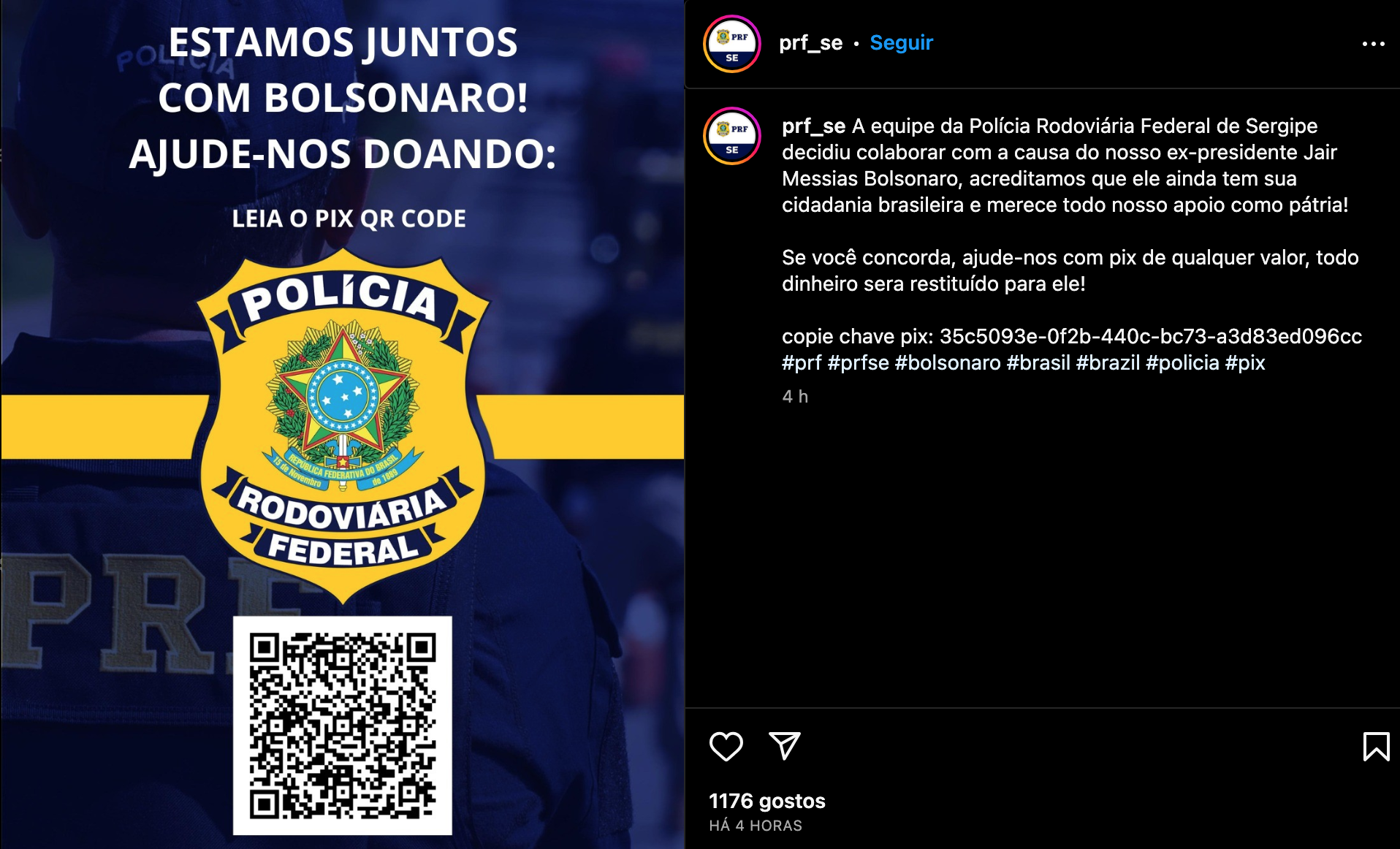 Perfis regionais da PRF e da PF foram suspensos das redes sociais após postagem pedindo doações para Bolsonaro. Foto: Reprodução/Instagram