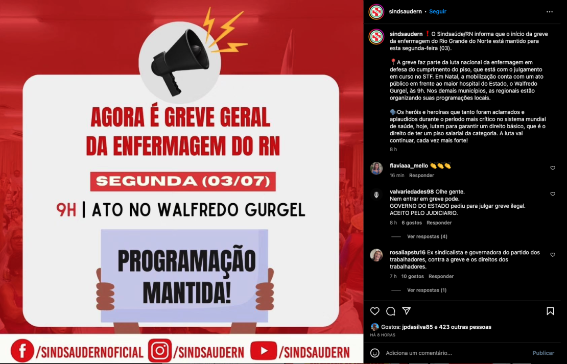 Sindsaúde anuncia que greve dos enfermeiros no RN está mantida. Foto: Reprodução/Instagram