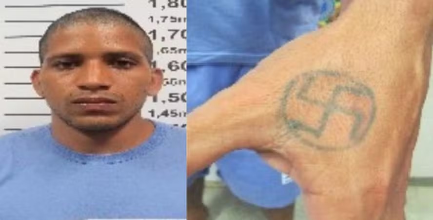 Rogério da Silva Mendonça: preso que escapou em Mossoró tem símbolo nazista tatuado - Foto: Reprodução