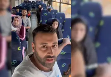 Hasan Habee com grupo de brasileiros e familiares autorizados a deixar a Faixa de Gaza, em ônibus indo para a passagem de Rafah, na fronteira com o Egito, na sexta-feira (10) Reprodução/Hasan Habee