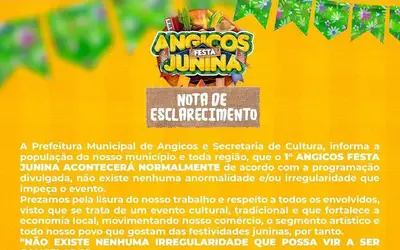 Prefeitura e secretaria de Cultura de Angicos esclarecem boatos sobre cancelamento do São João.